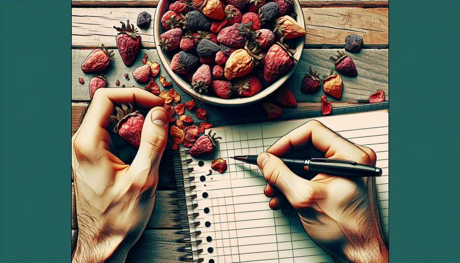 A close-up of a writer's hand reaching for freeze dried strawberries from a bowl, with an open notebook and pen nearby.