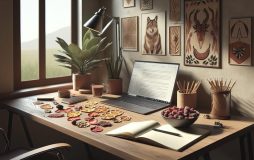 A serene writer's desk by a window, featuring a laptop, handwritten notes, and a bowl of assorted freeze dried treats like strawberries and beef jerky.