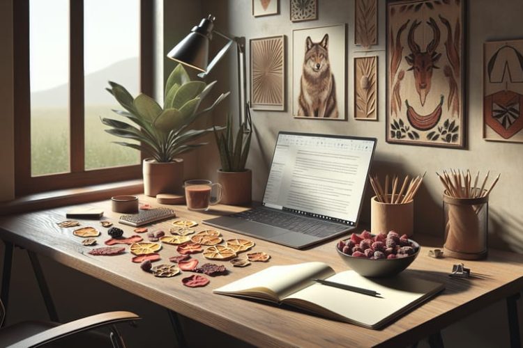 A serene writer's desk by a window, featuring a laptop, handwritten notes, and a bowl of assorted freeze dried treats like strawberries and beef jerky.