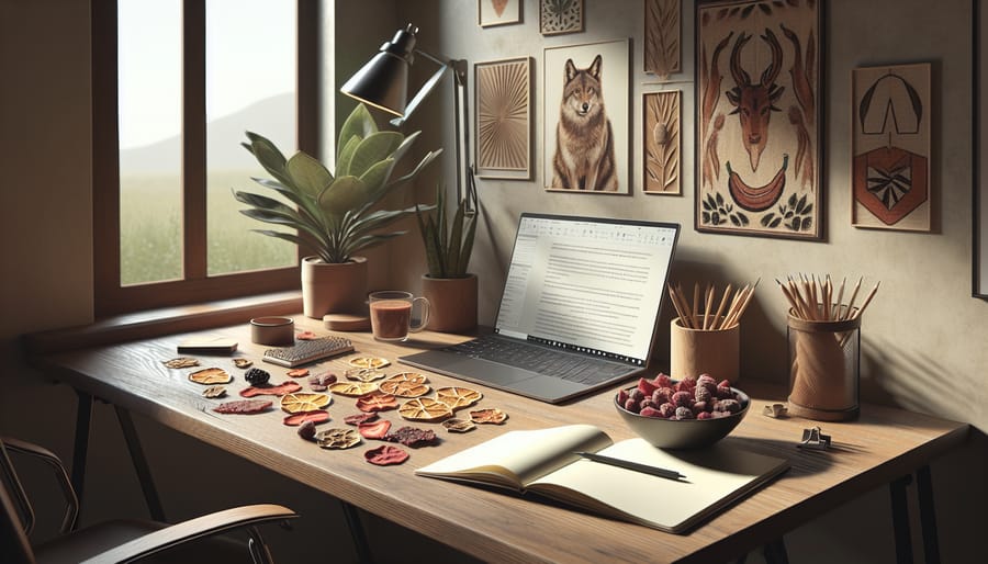 A serene writer's desk by a window, featuring a laptop, handwritten notes, and a bowl of assorted freeze dried treats like strawberries and beef jerky.