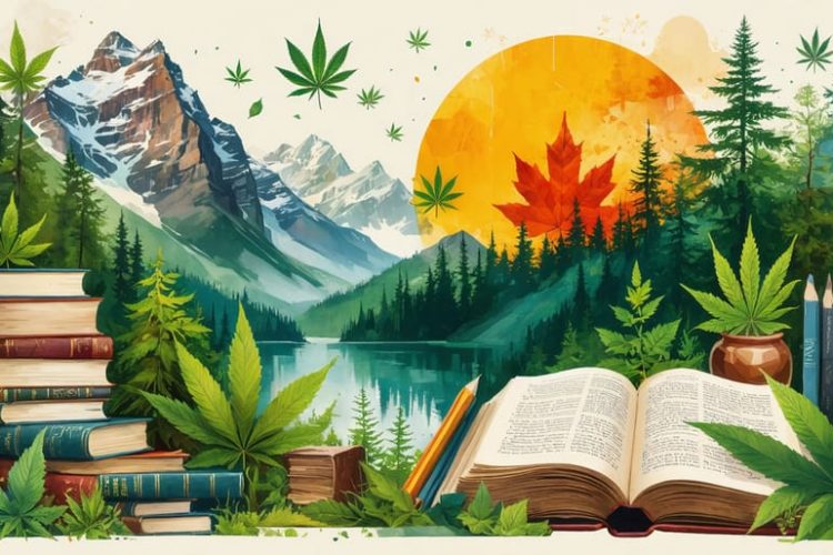 A conceptual illustration showcasing the integration of THCA into Canada's literary community, featuring books, digital devices, and diverse writers against a Canadian backdrop.