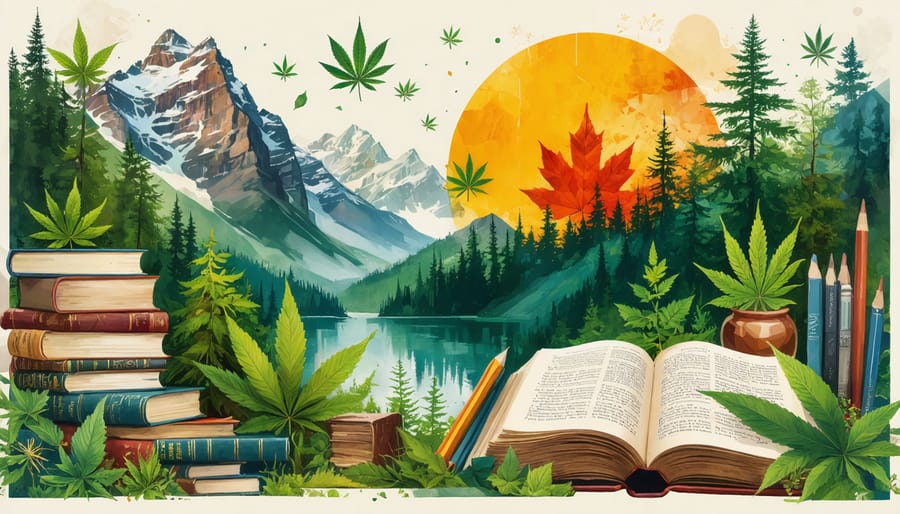 A conceptual illustration showcasing the integration of THCA into Canada's literary community, featuring books, digital devices, and diverse writers against a Canadian backdrop.